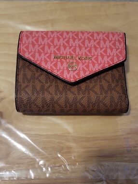 Michael Kors Pink and Brown MK Trifold Wallet